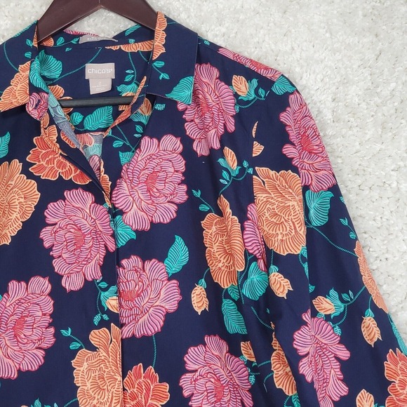 Chico’s Women Shirt Size 2 US 12 Floral Button Up 3/4 Sleeve Navy Orange Pink - Picture 3 of 12